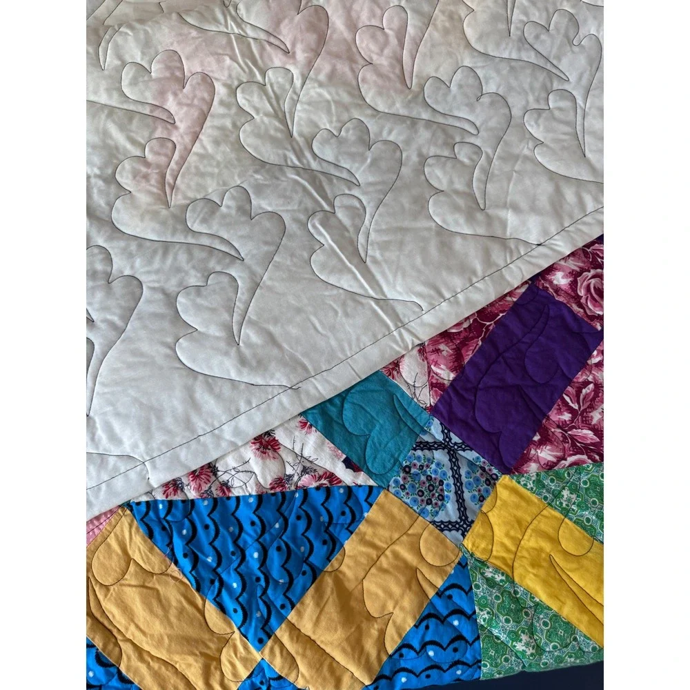 Handmade Patchwork X-Block Quilt Multicolor Heart Stitched